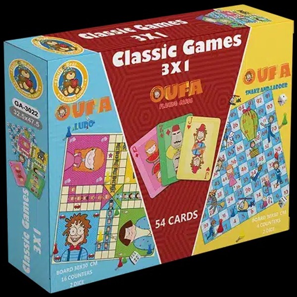 Oufa - Classic Games Package (3x1) Ludo+Playing Cards+Snake